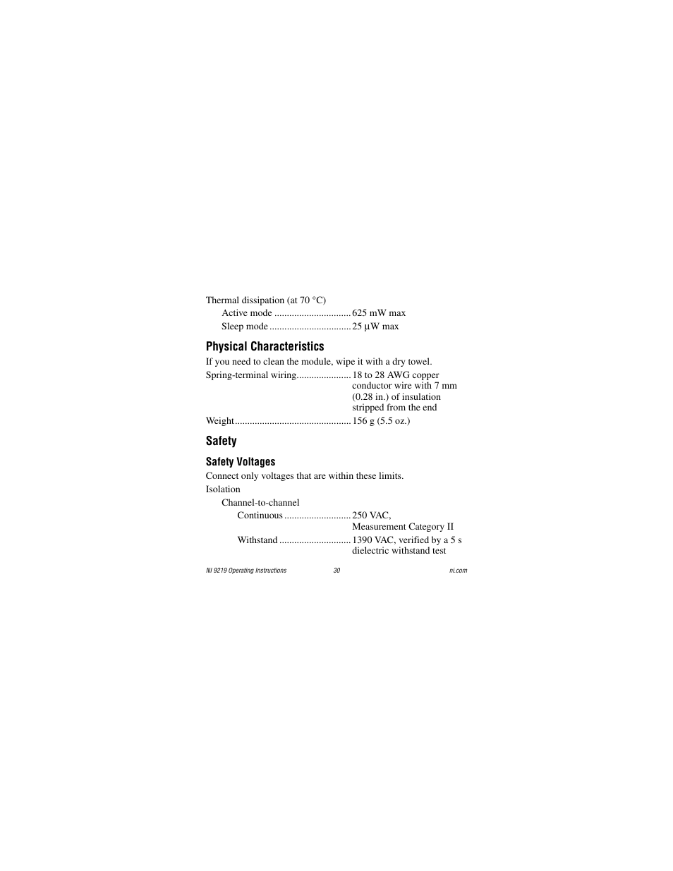 Physical characteristics, Safety, Safety voltages | National Instruments NI 9219 User Manual | Page 30 / 36