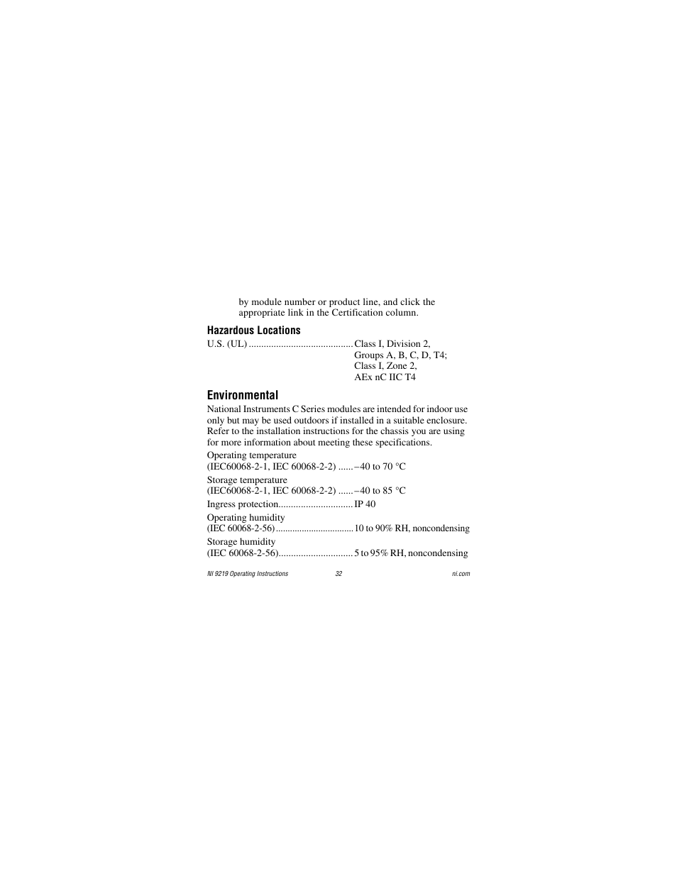 Hazardous locations, Environmental | National Instruments NI 9219 User Manual | Page 32 / 36
