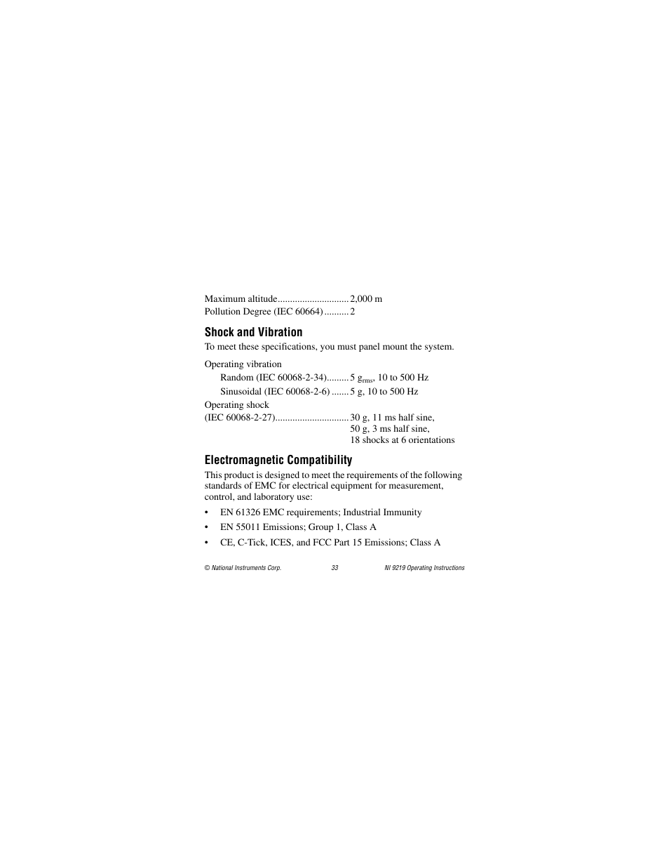 Shock and vibration, Electromagnetic compatibility | National Instruments NI 9219 User Manual | Page 33 / 36