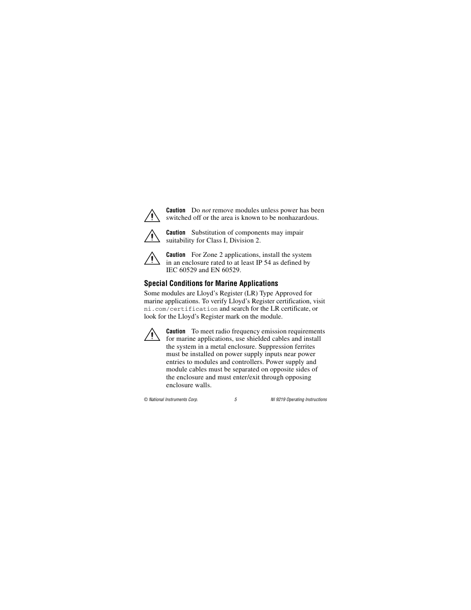 Special conditions for marine applications | National Instruments NI 9219 User Manual | Page 5 / 36