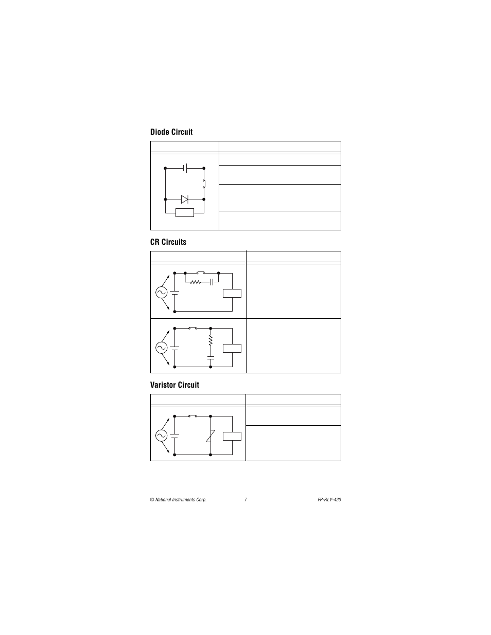 Diode circuit, Cr circuits, Varistor circuit | National Instruments FP-RLY-420 User Manual | Page 7 / 12