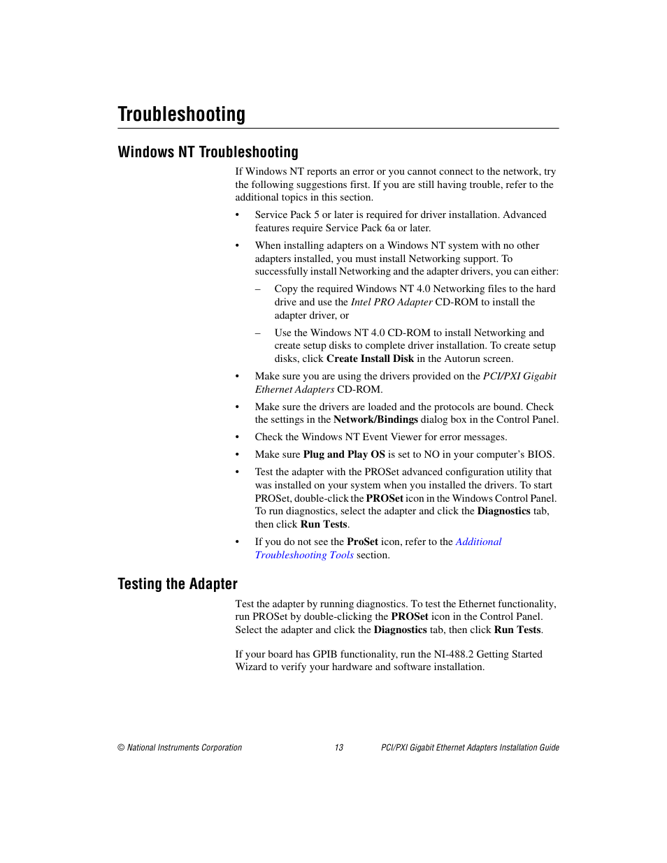 Troubleshooting, Windows nt troubleshooting, Testing the adapter | National Instruments Gigabit Ethernet Adapters User Manual | Page 13 / 17