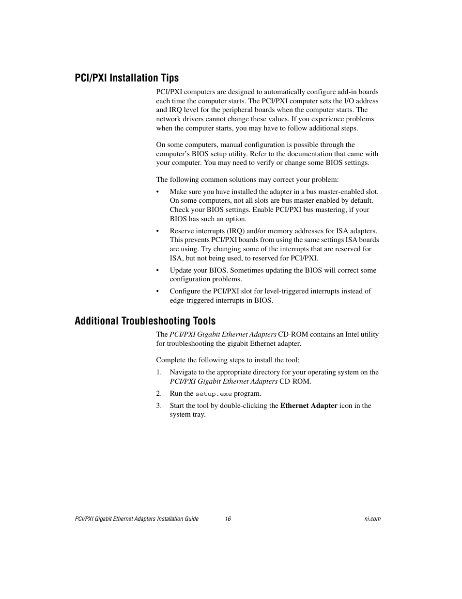 Pci/pxi installation tips, Additional troubleshooting tools | National Instruments Gigabit Ethernet Adapters User Manual | Page 16 / 17