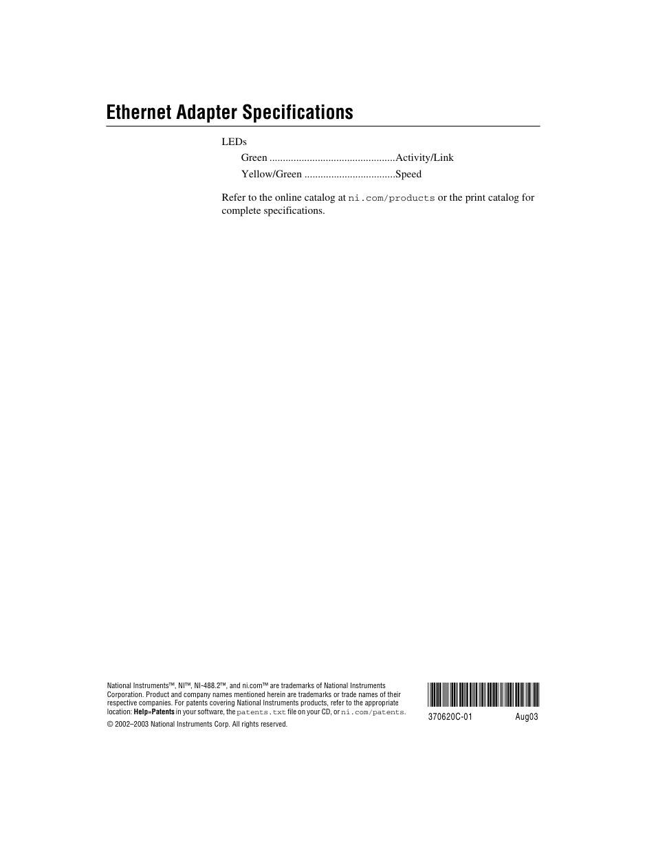 Ethernet adapter specifications | National Instruments Gigabit Ethernet Adapters User Manual | Page 17 / 17