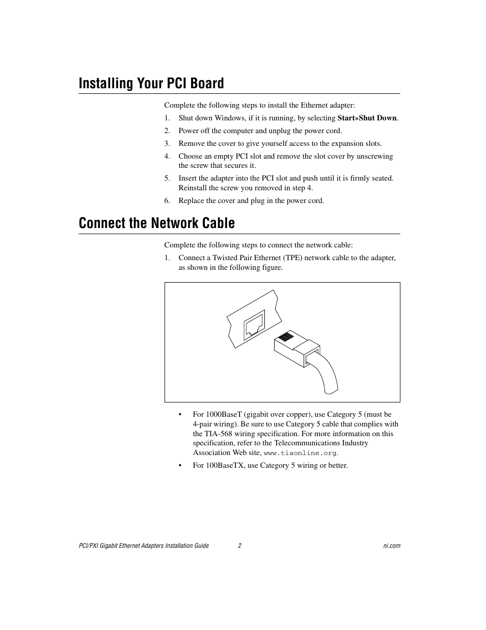 Installing your pci board, Connect the network cable | National Instruments Gigabit Ethernet Adapters User Manual | Page 2 / 17