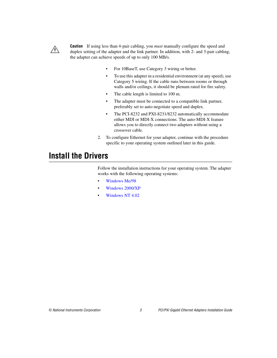 Install the drivers | National Instruments Gigabit Ethernet Adapters User Manual | Page 3 / 17