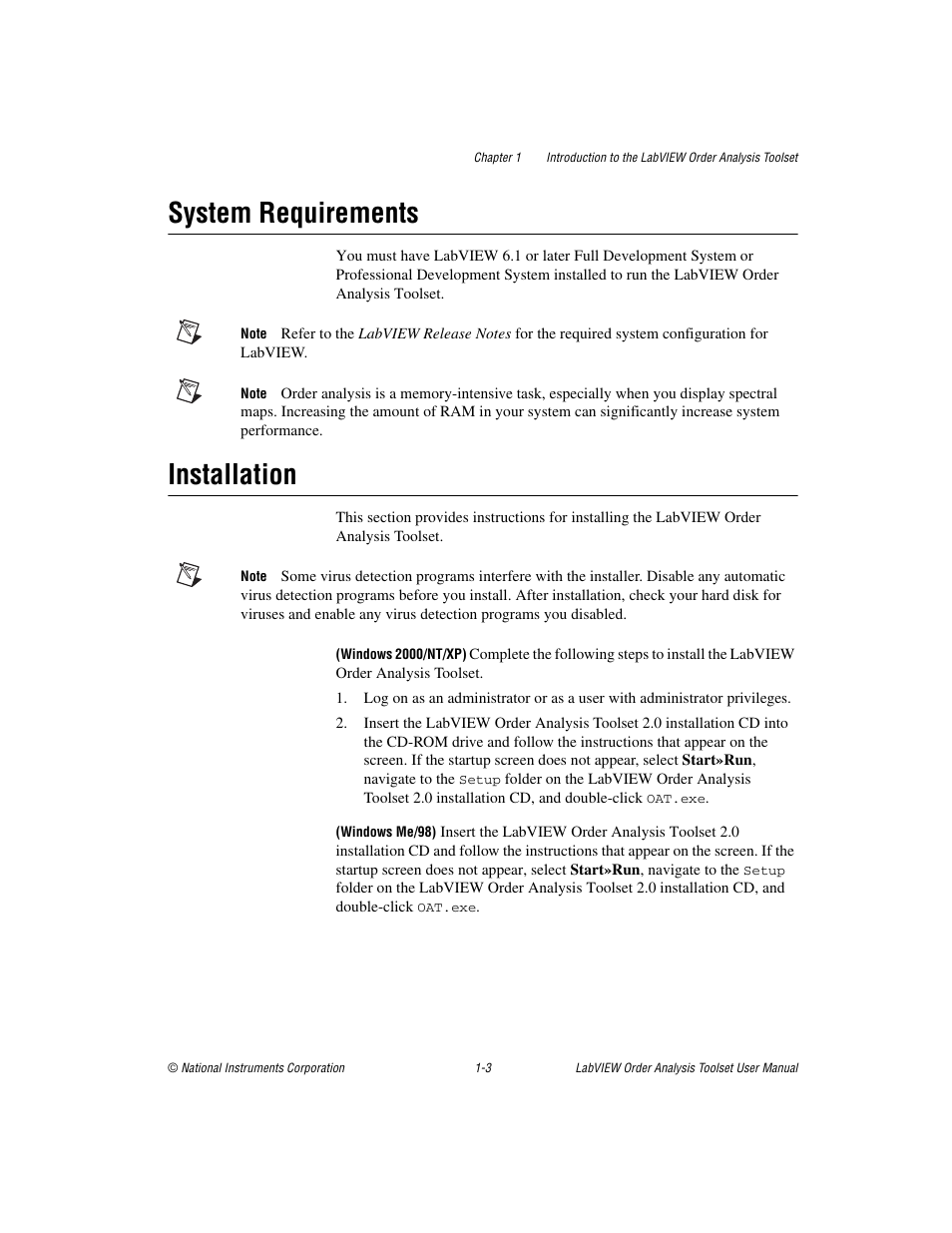 System requirements, Installation, System requirements -3 installation -3 | National Instruments Order Analysis Toolset User Manual | Page 10 / 63
