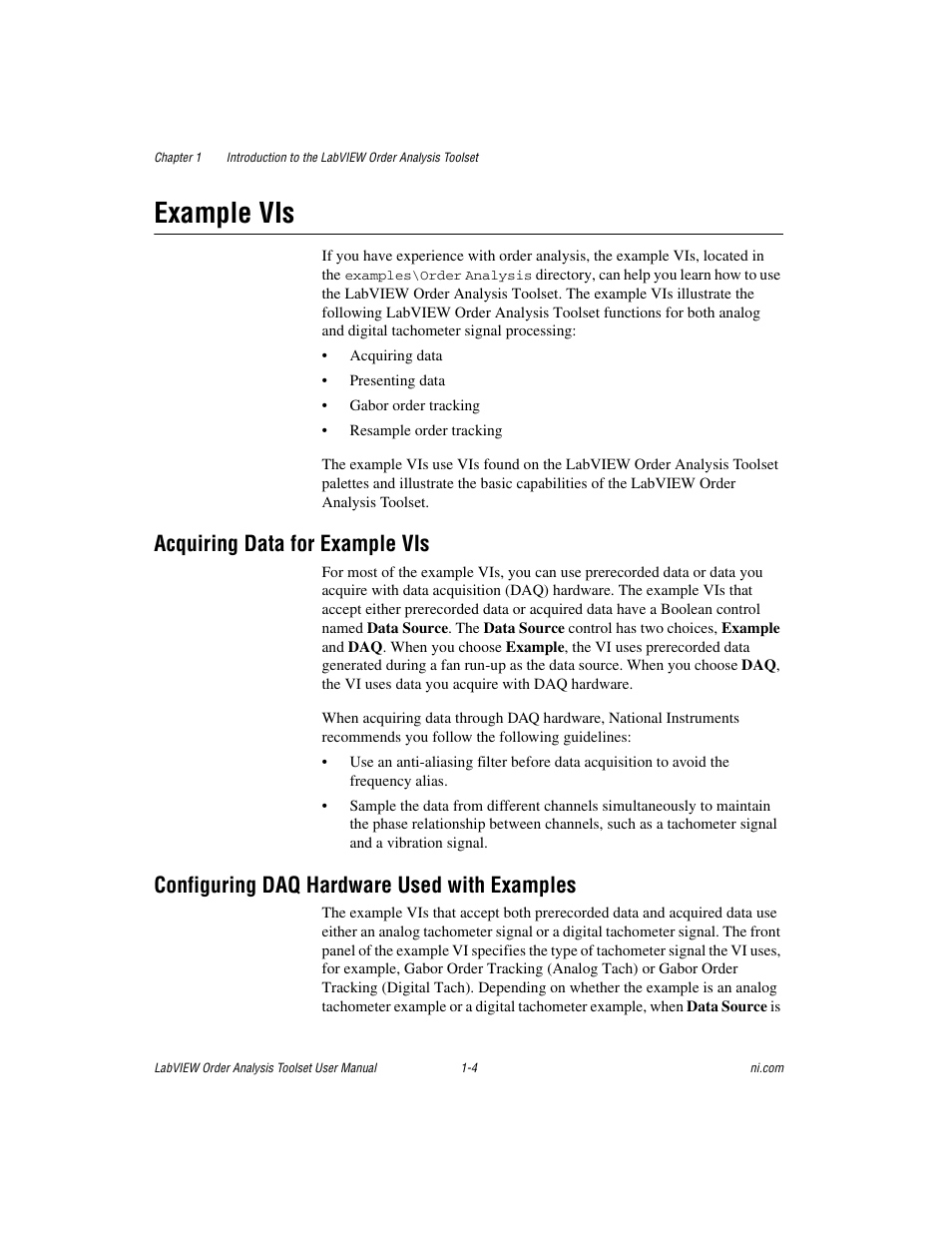 Example vis, Acquiring data for example vis, Configuring daq hardware used with examples | Example vis -4 | National Instruments Order Analysis Toolset User Manual | Page 11 / 63