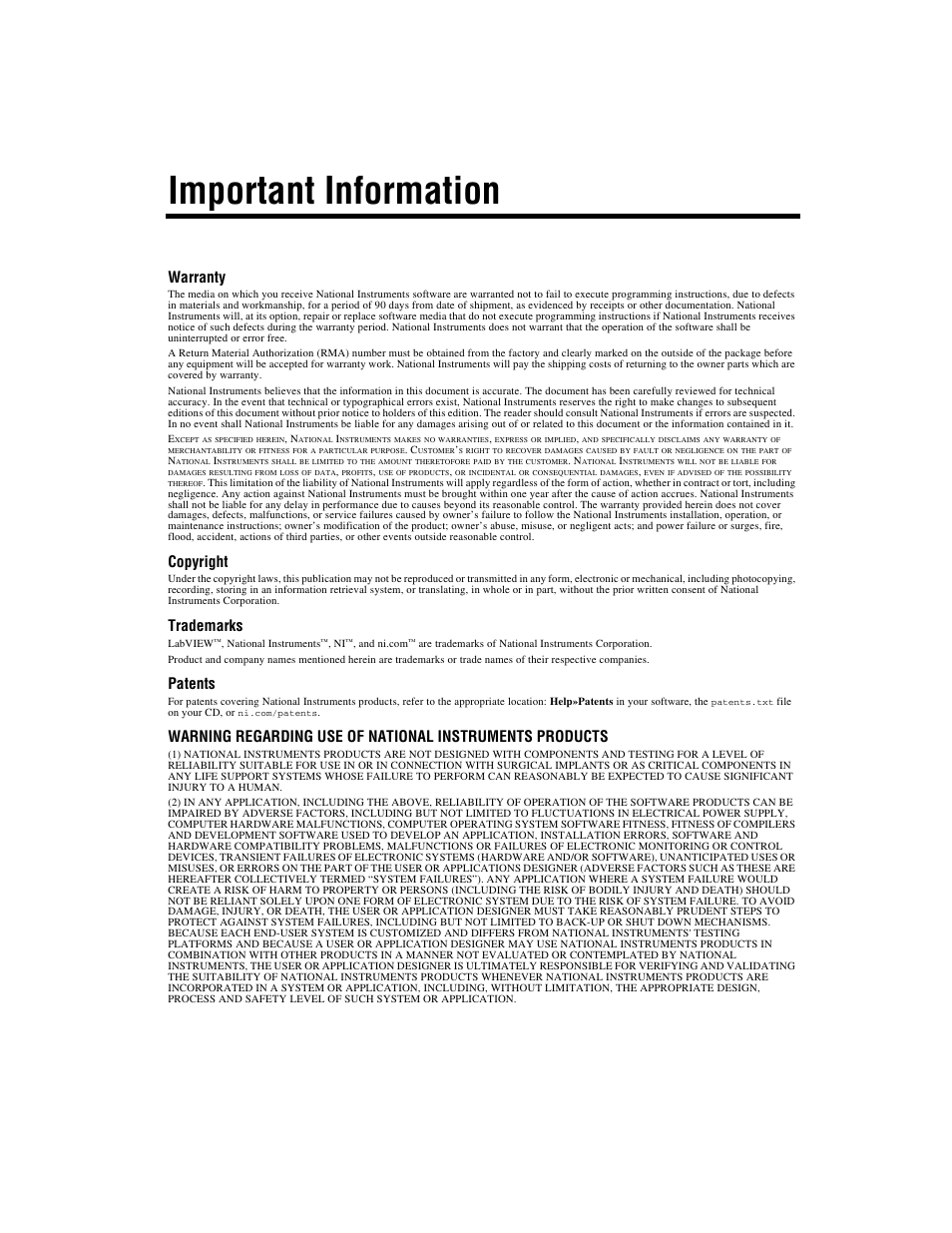 Important information, Warranty, Copyright | Trademarks, Patents | National Instruments Order Analysis Toolset User Manual | Page 3 / 63