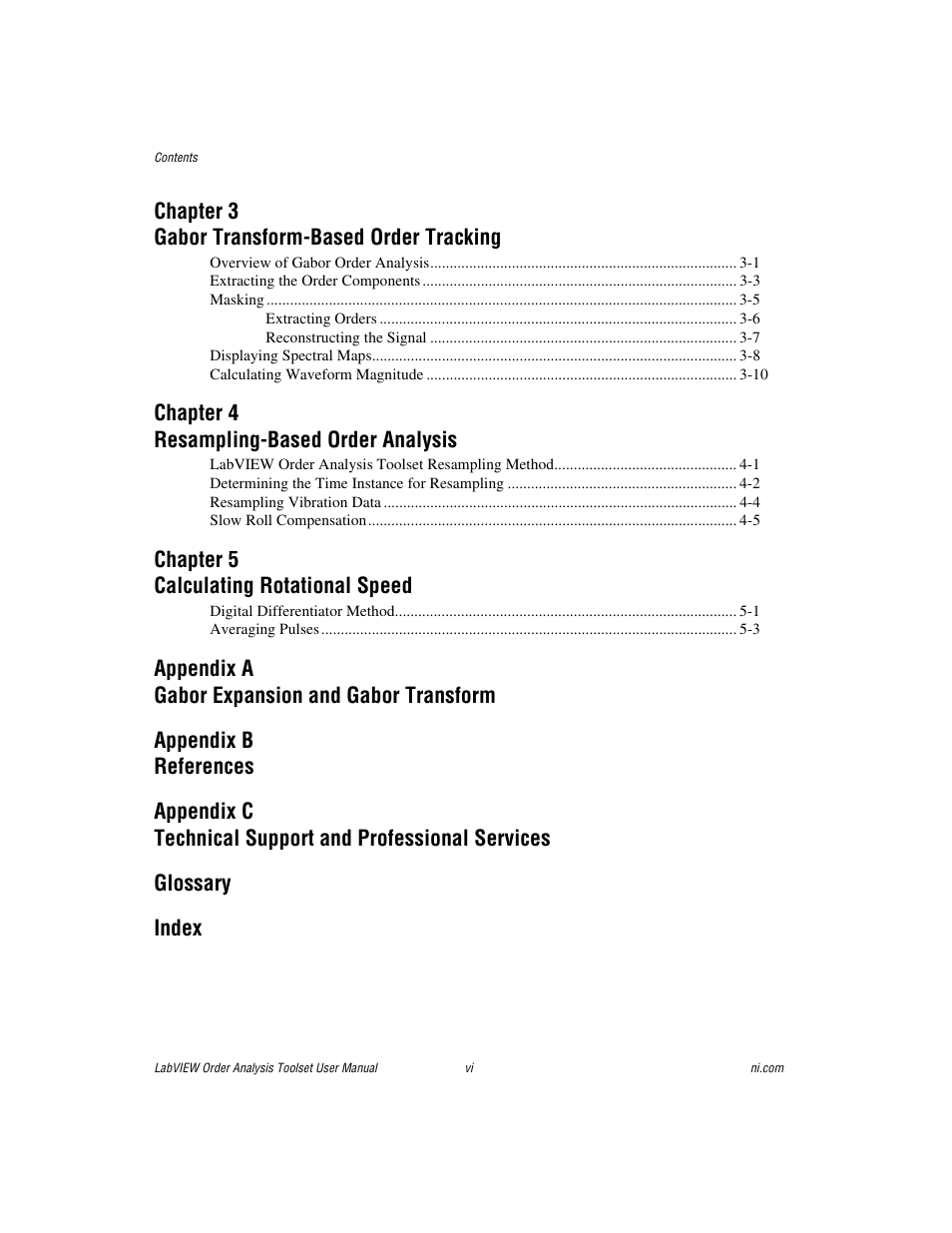 Chapter 3 gabor transform-based order tracking, Chapter 4 resampling-based order analysis, Chapter 5 calculating rotational speed | National Instruments Order Analysis Toolset User Manual | Page 5 / 63