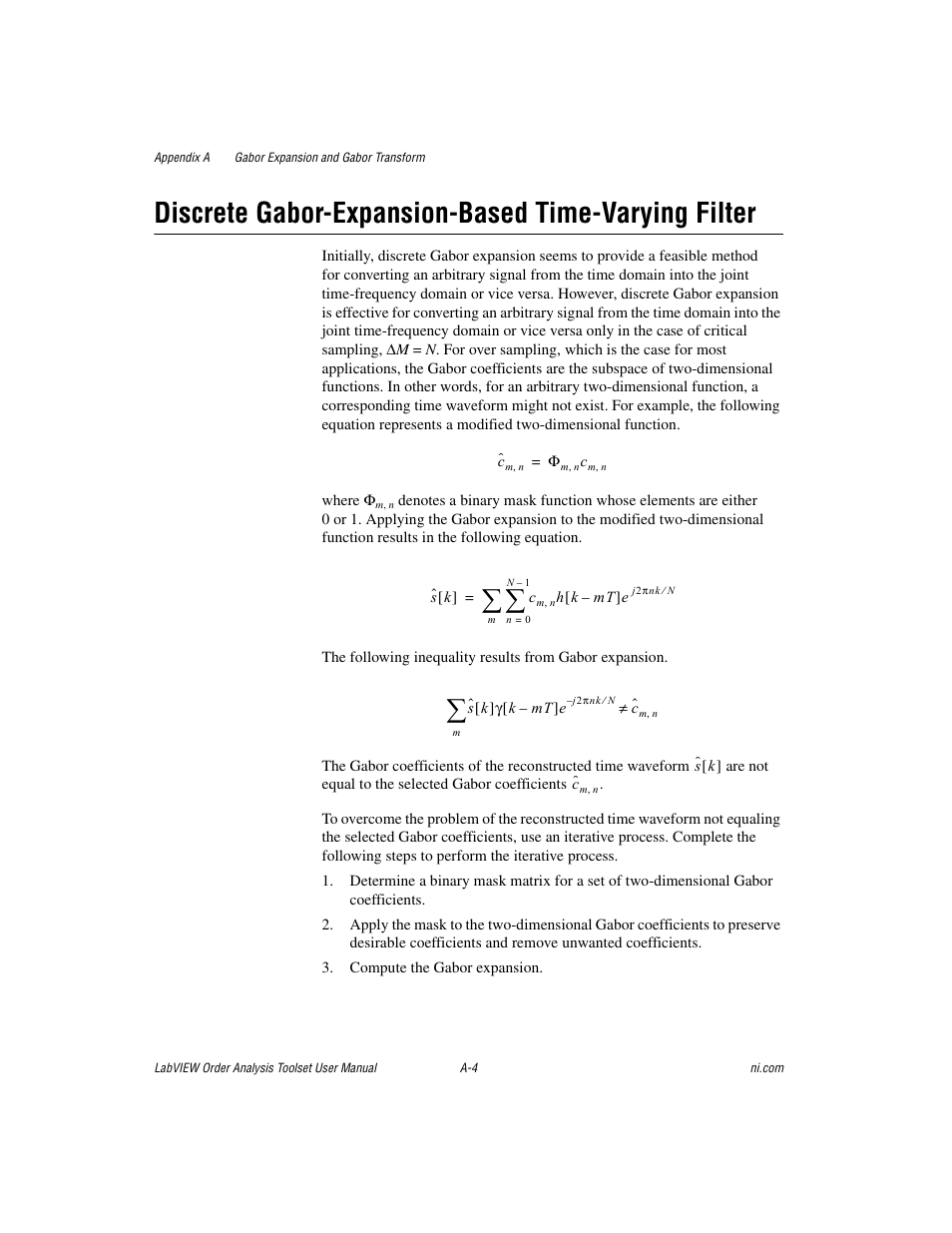 Discrete gabor-expansion-based time-varying filter | National Instruments Order Analysis Toolset User Manual | Page 54 / 63