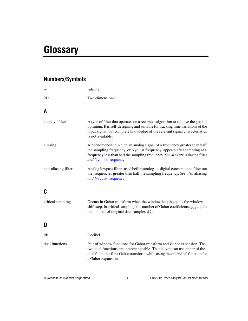 Glossary, Numbers/symbols | National Instruments Order Analysis Toolset User Manual | Page 59 / 63