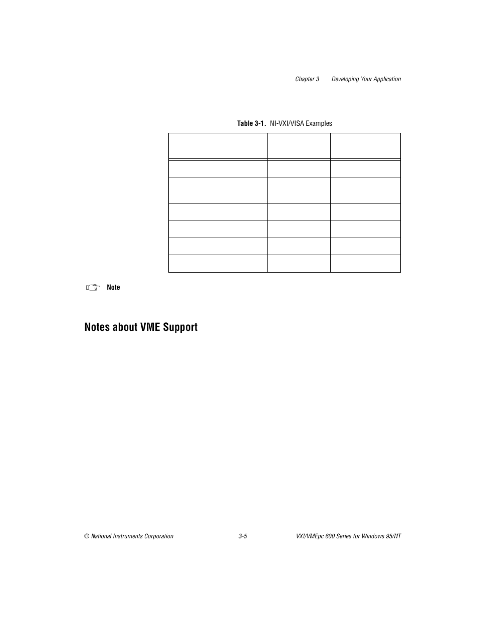 Notes about vme support, Table 3-1. ni-vxi/visa examples, Notes about vme support -5 | Table 3-1, Ni-vxi/visa examples -5 | National Instruments VXI/VME 600 User Manual | Page 25 / 61