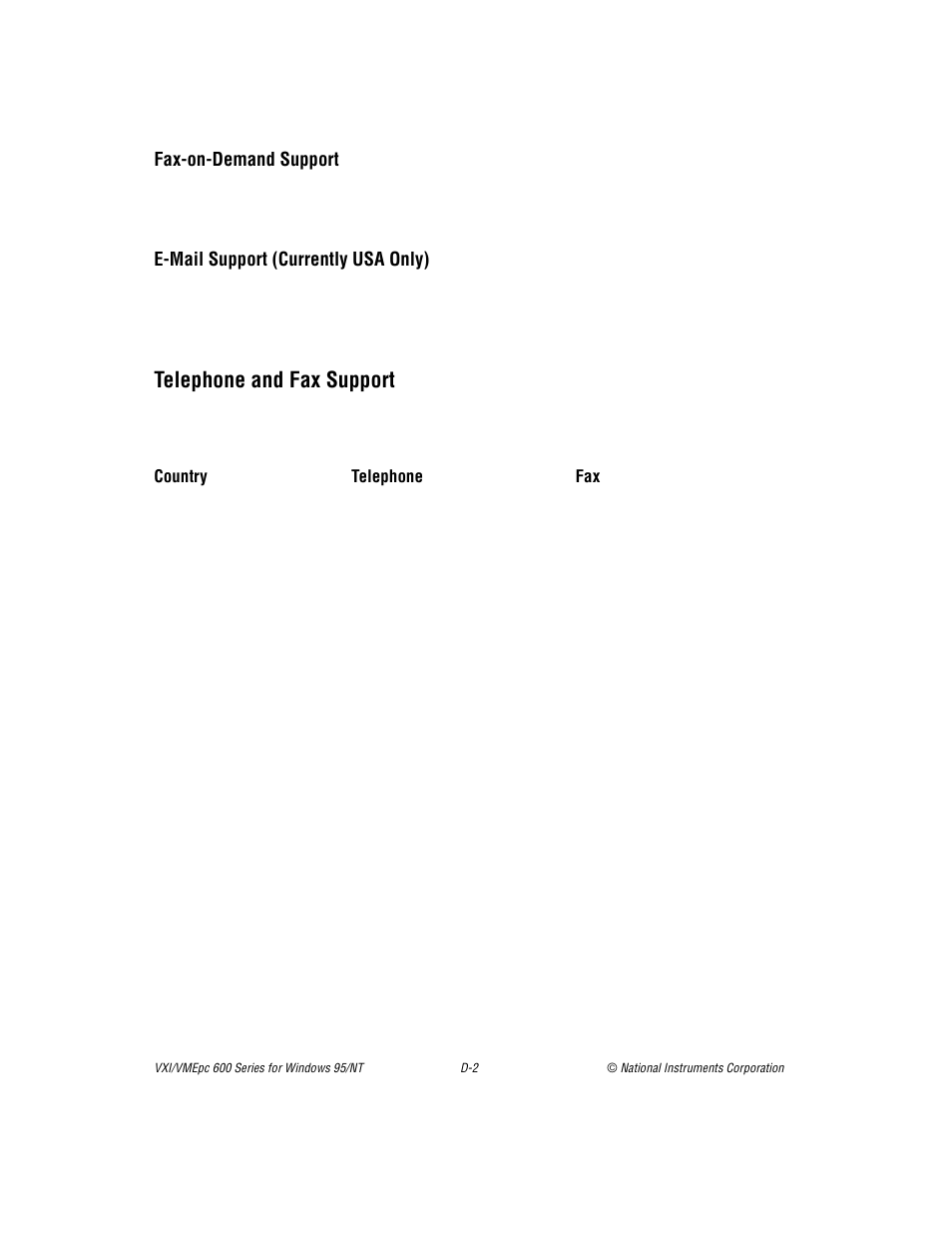 Telephone and fax support | National Instruments VXI/VME 600 User Manual | Page 43 / 61