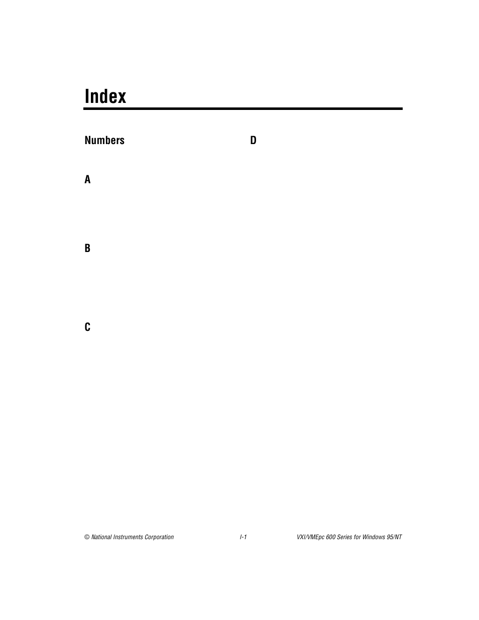 Index, Numbers | National Instruments VXI/VME 600 User Manual | Page 57 / 61