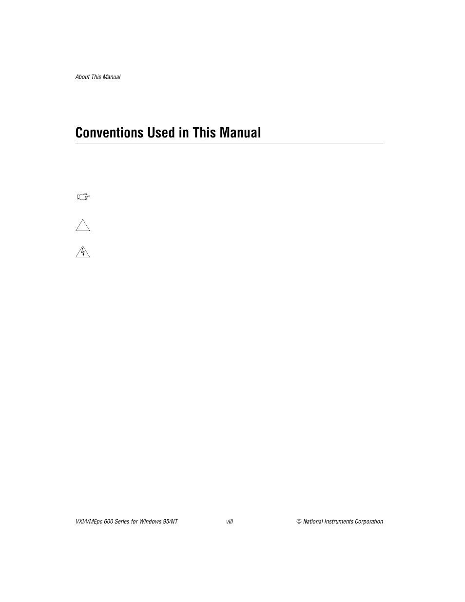 Conventions used in this manual | National Instruments VXI/VME 600 User Manual | Page 8 / 61