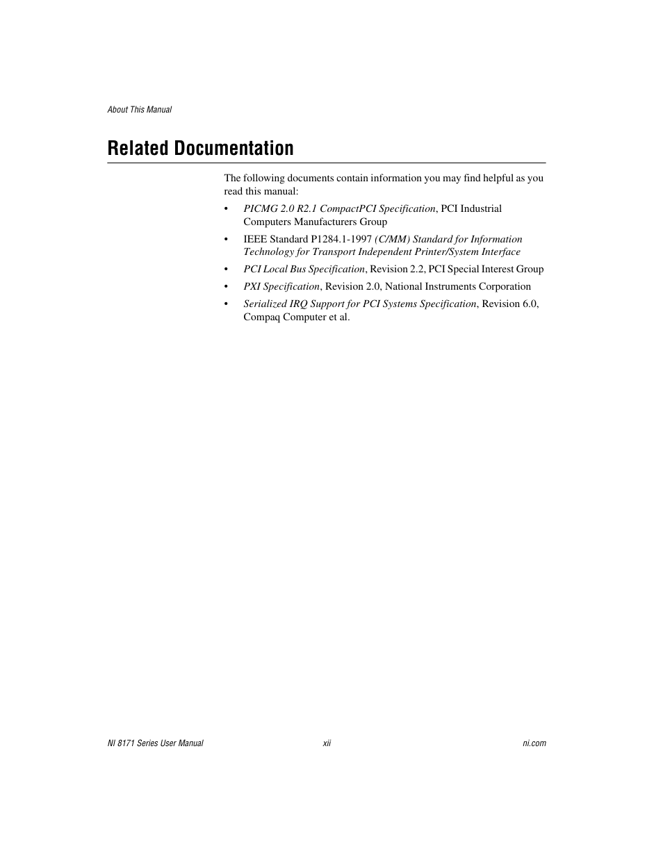 Related documentation | National Instruments PXI NI 8171 Series User Manual | Page 10 / 73