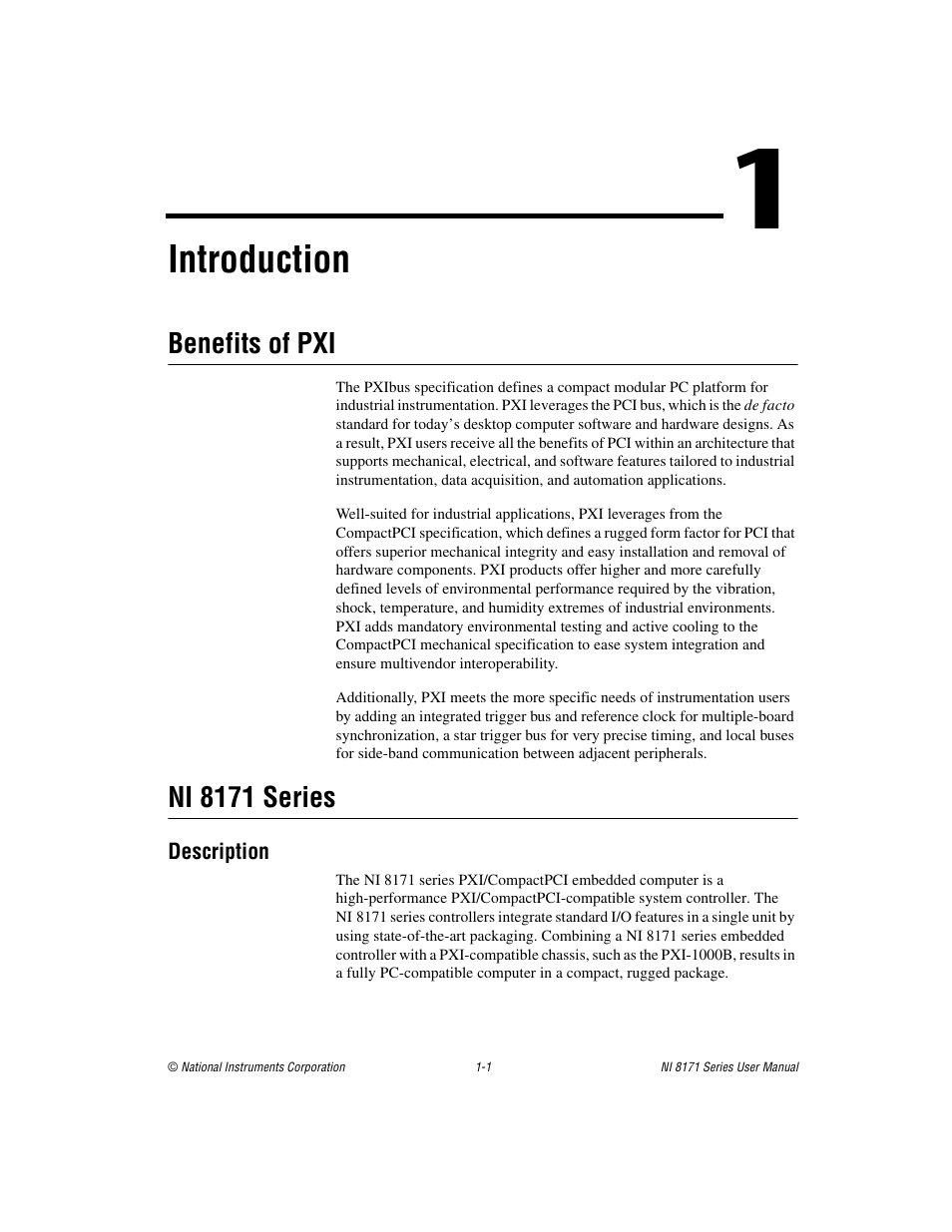 Chapter 1 introduction, Benefits of pxi, Ni 8171 series | Description, Benefits of pxi -1 ni 8171 series -1, Description -1, Introduction | National Instruments PXI NI 8171 Series User Manual | Page 11 / 73