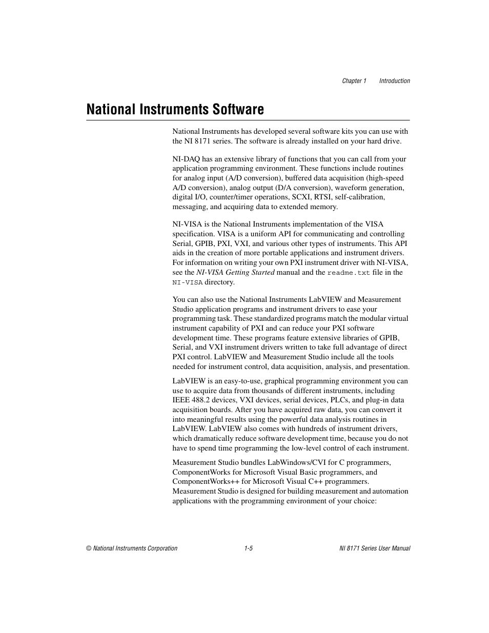 National instruments software, National instruments software -5 | National Instruments PXI NI 8171 Series User Manual | Page 15 / 73