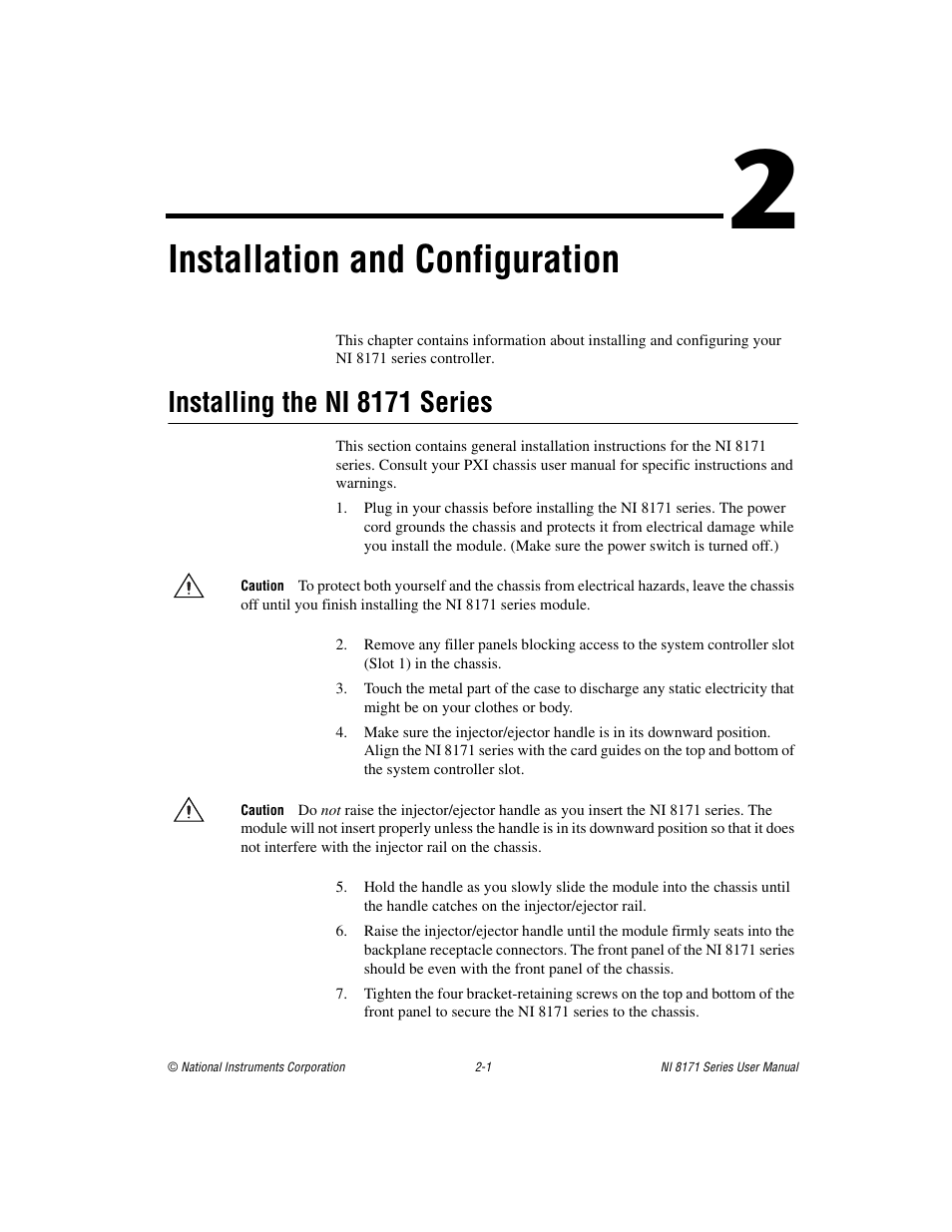 Chapter 2 installation and configuration, Installing the ni 8171 series, Installing the ni 8171 series -1 | Installation and configuration | National Instruments PXI NI 8171 Series User Manual | Page 17 / 73