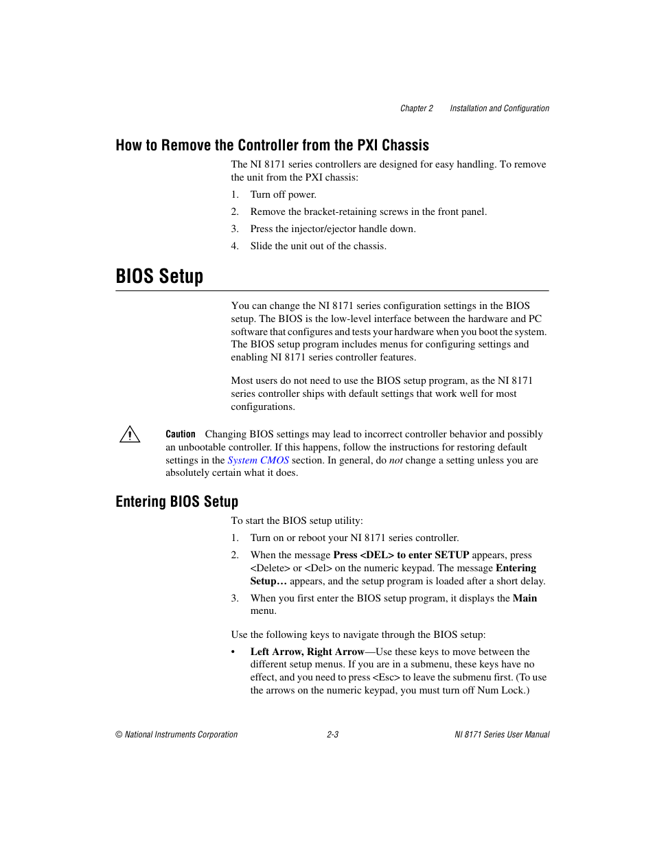 How to remove the controller from the pxi chassis, Bios setup, Entering bios setup | Bios setup -3, Entering bios setup -3 | National Instruments PXI NI 8171 Series User Manual | Page 19 / 73