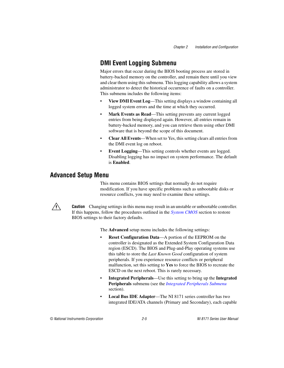 Dmi event logging submenu, Advanced setup menu, Advanced setup menu -5 | National Instruments PXI NI 8171 Series User Manual | Page 21 / 73
