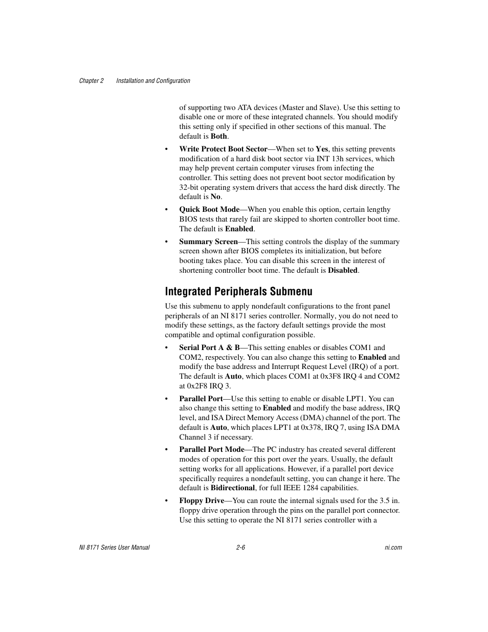 Integrated peripherals submenu | National Instruments PXI NI 8171 Series User Manual | Page 22 / 73