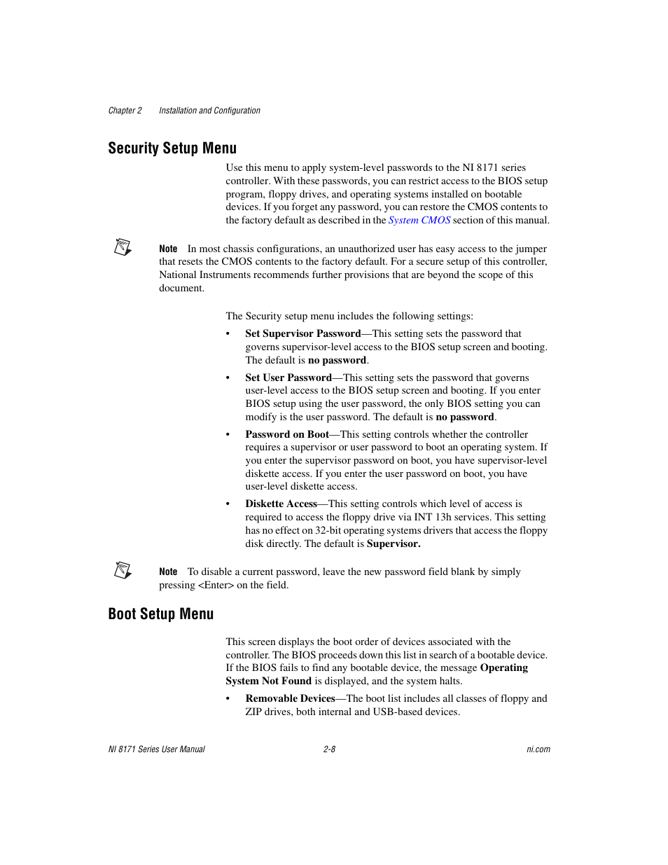 Security setup menu, Boot setup menu, Security setup menu -8 boot setup menu -8 | National Instruments PXI NI 8171 Series User Manual | Page 24 / 73