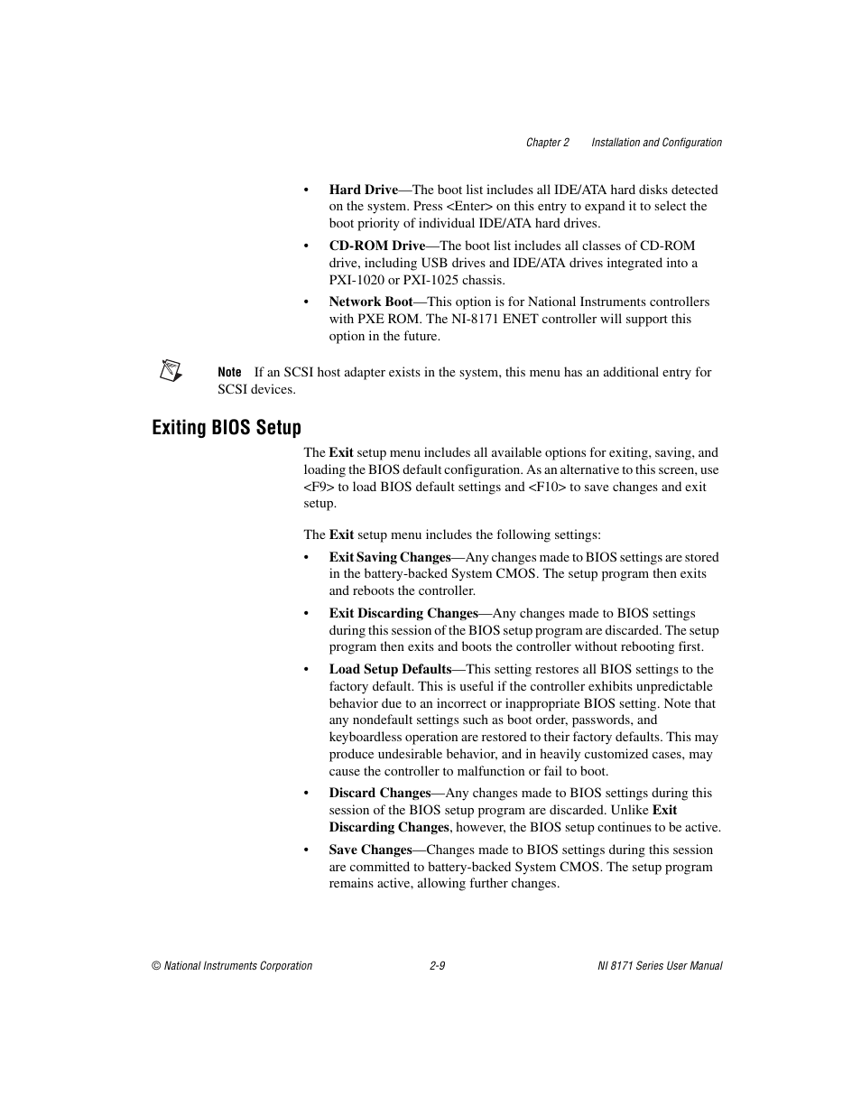 Exiting bios setup, Exiting bios setup -9 | National Instruments PXI NI 8171 Series User Manual | Page 25 / 73