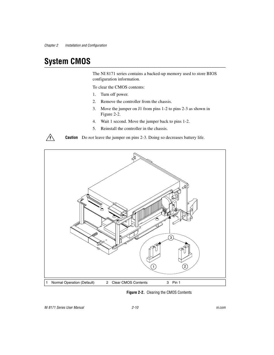 System cmos, Figure 2-2. clearing the cmos contents, System cmos -10 | National Instruments PXI NI 8171 Series User Manual | Page 26 / 73