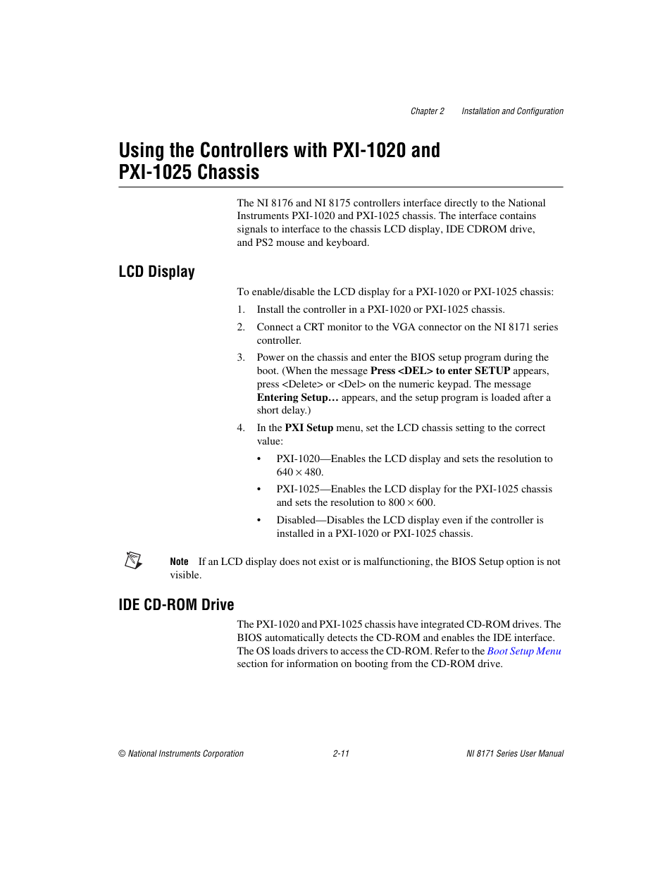 Lcd display, Ide cd-rom drive, Lcd display -11 ide cd-rom drive -11 | Using the controllers, With pxi-1020 and pxi-1025 chassis | National Instruments PXI NI 8171 Series User Manual | Page 27 / 73