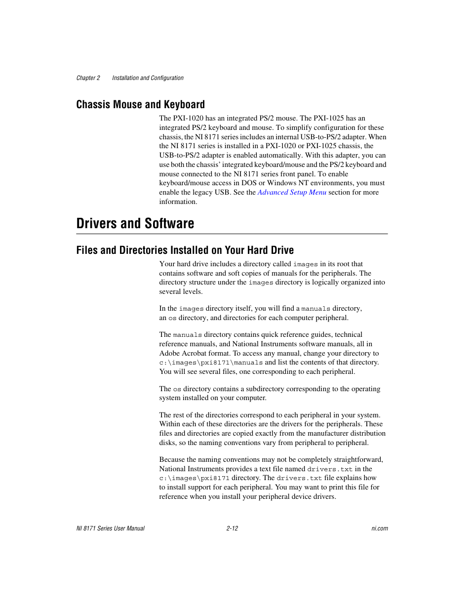 Chassis mouse and keyboard, Drivers and software, Files and directories installed on your hard drive | Chassis mouse and keyboard -12, Drivers and software -12 | National Instruments PXI NI 8171 Series User Manual | Page 28 / 73