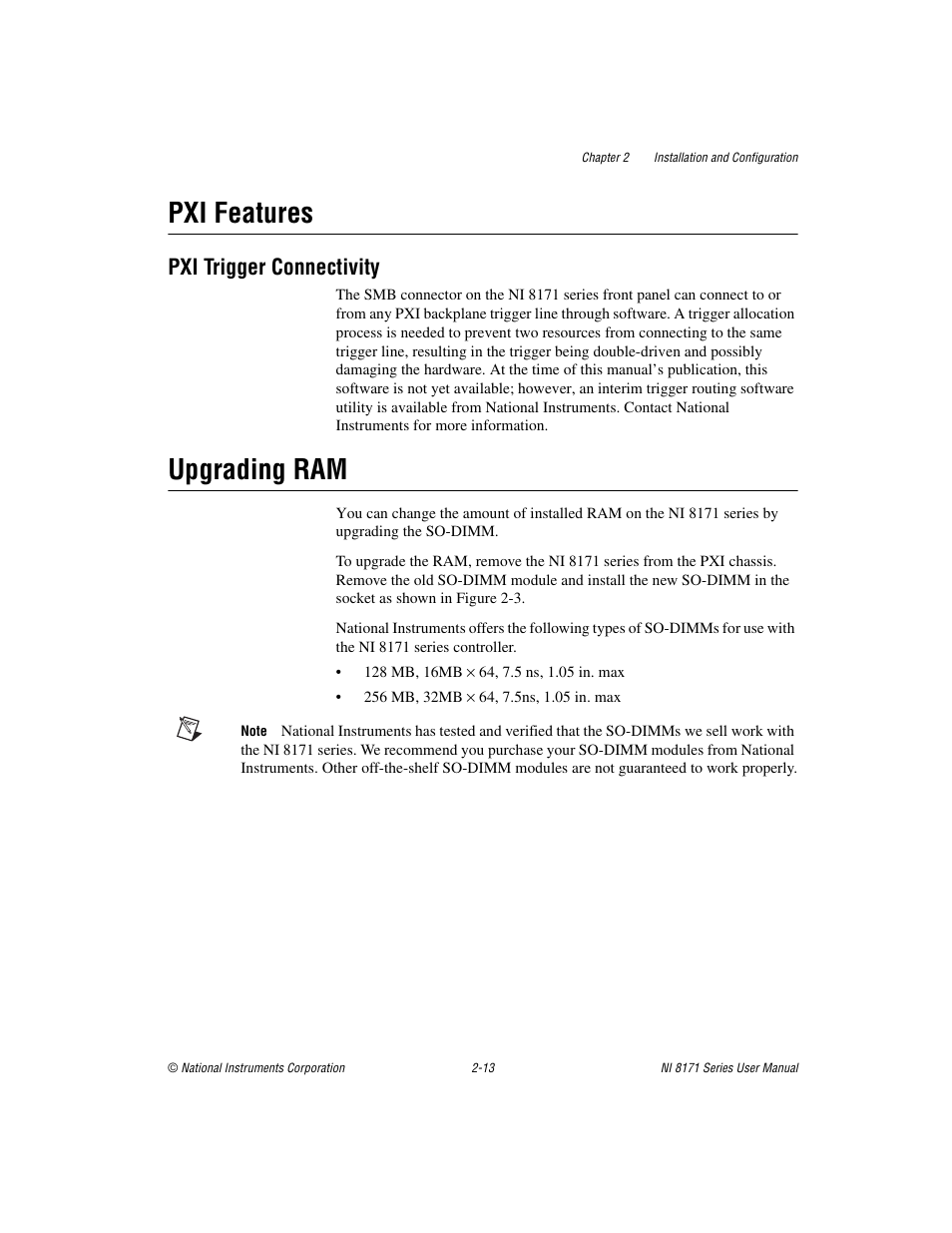 Pxi features, Pxi trigger connectivity, Upgrading ram | Pxi features -13, Pxi trigger connectivity -13, Upgrading ram -13 | National Instruments PXI NI 8171 Series User Manual | Page 29 / 73