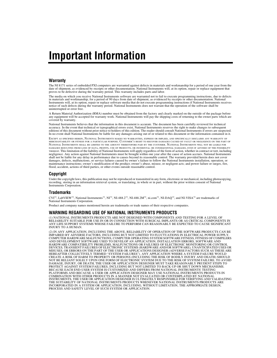 Important information, Warranty, Copyright | Trademarks | National Instruments PXI NI 8171 Series User Manual | Page 3 / 73