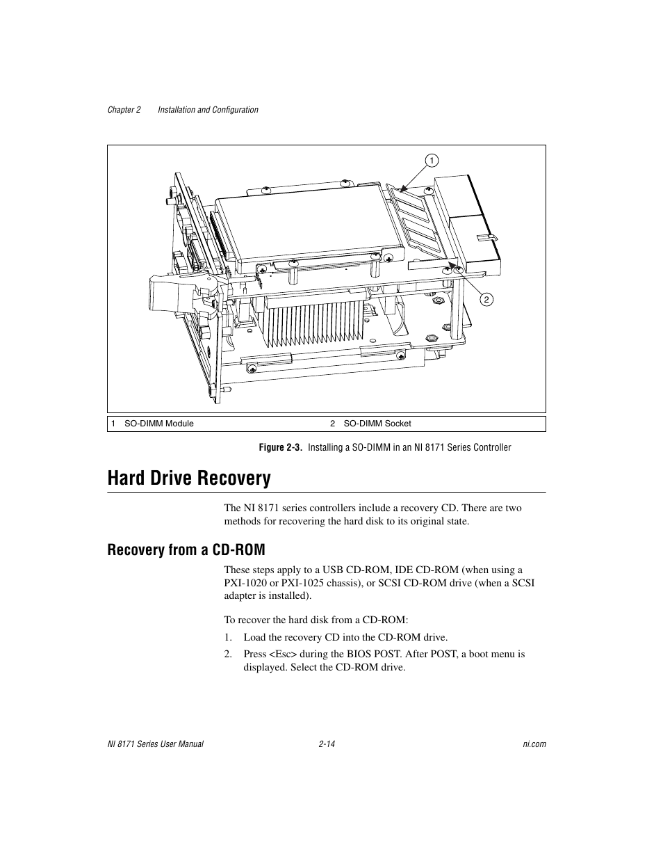 Hard drive recovery, Recovery from a cd-rom, Hard drive recovery -14 | Recovery from a cd-rom -14 | National Instruments PXI NI 8171 Series User Manual | Page 30 / 73