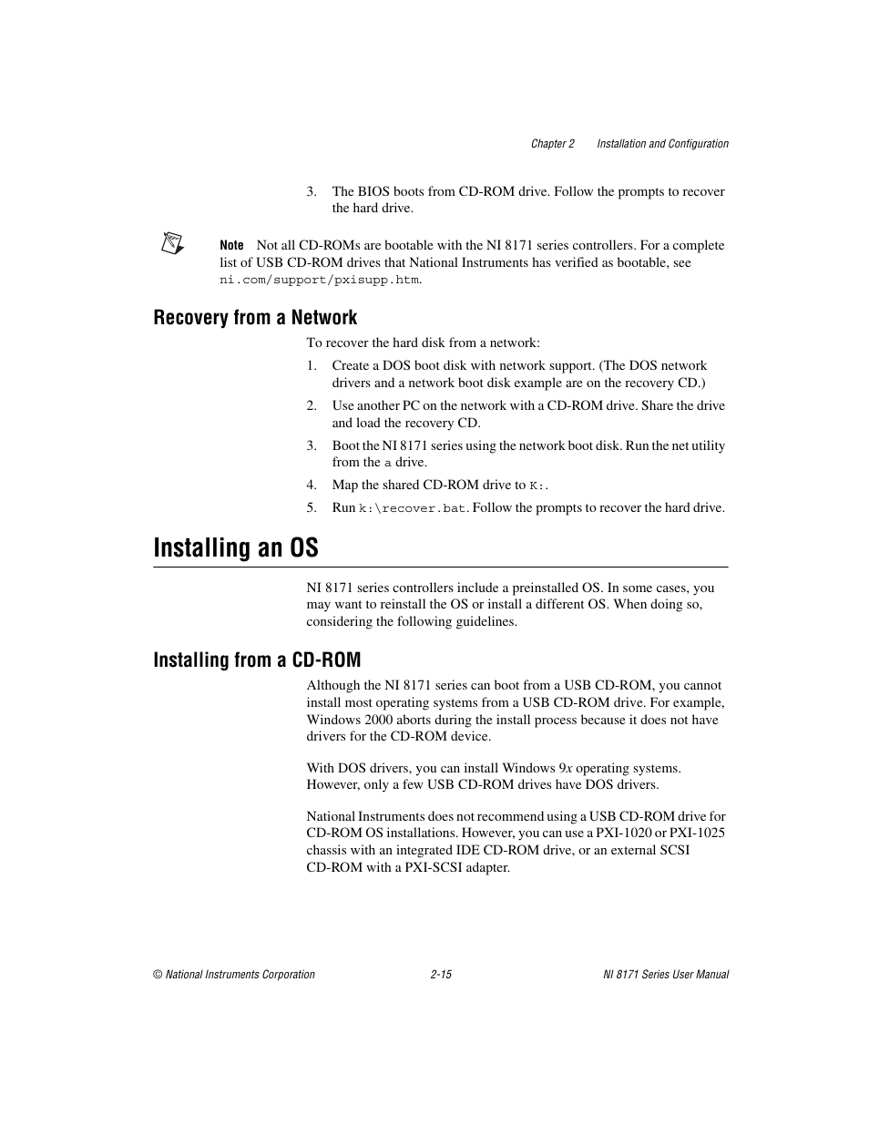 Recovery from a network, Installing an os, Installing from a cd-rom | Recovery from a network -15, Installing an os -15, Installing from a cd-rom -15 | National Instruments PXI NI 8171 Series User Manual | Page 31 / 73