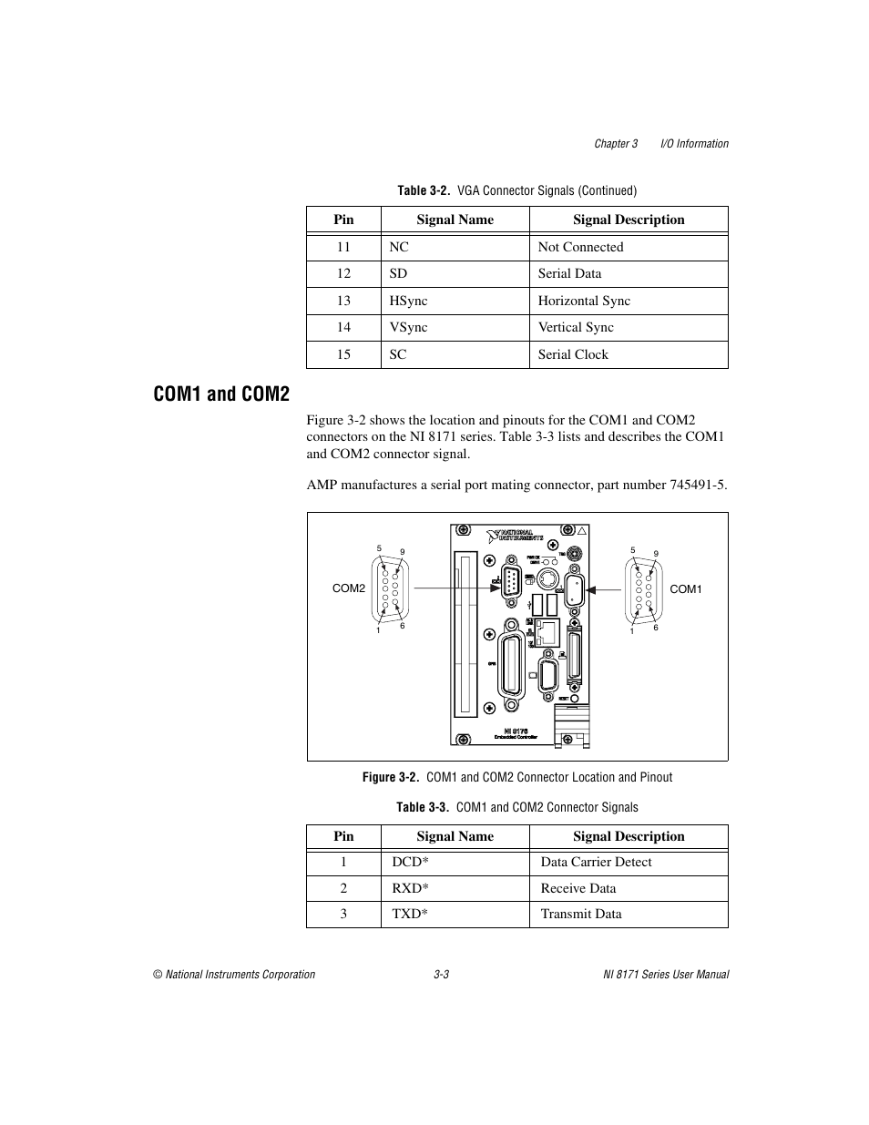 Com1 and com2, Table 3-3. com1 and com2 connector signals, Com1 and com2 -3 | National Instruments PXI NI 8171 Series User Manual | Page 35 / 73