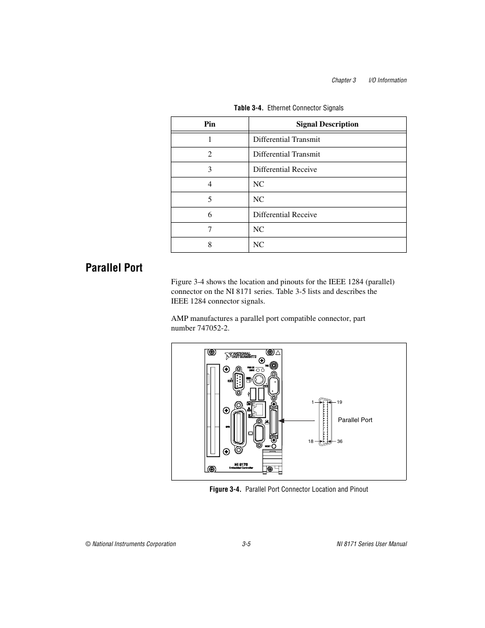 Table 3-4. ethernet connector signals, Parallel port, Parallel port -5 | National Instruments PXI NI 8171 Series User Manual | Page 37 / 73