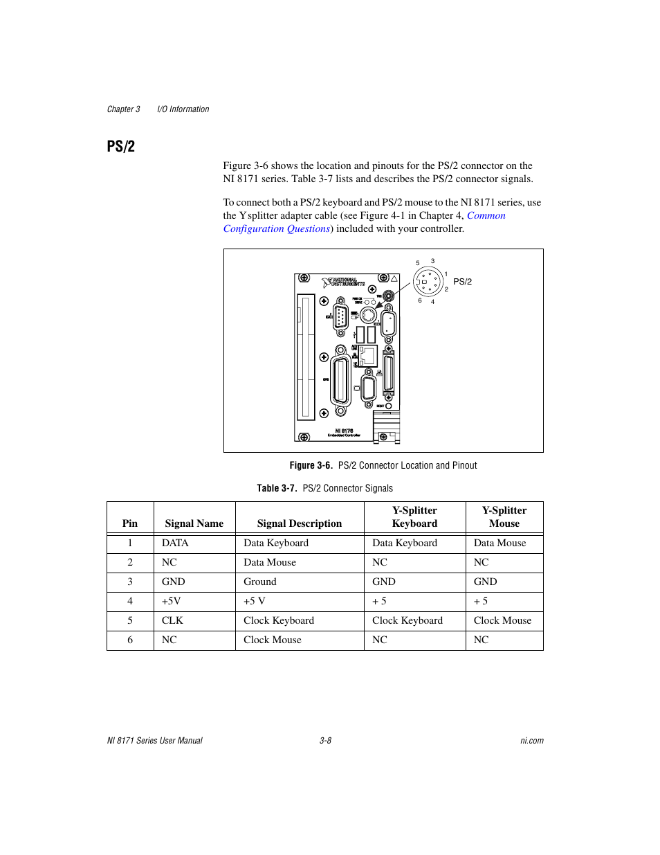 Ps/2, Figure 3-6. ps/2 connector location and pinout, Table 3-7. ps/2 connector signals | Ps/2 -8 | National Instruments PXI NI 8171 Series User Manual | Page 40 / 73