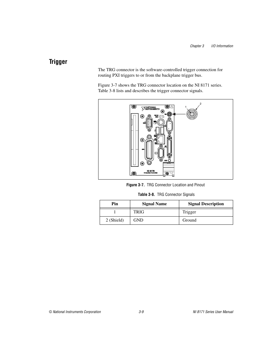 Trigger, Figure 3-7. trg connector location and pinout, Table 3-8. trg connector signals | Trigger -9 | National Instruments PXI NI 8171 Series User Manual | Page 41 / 73