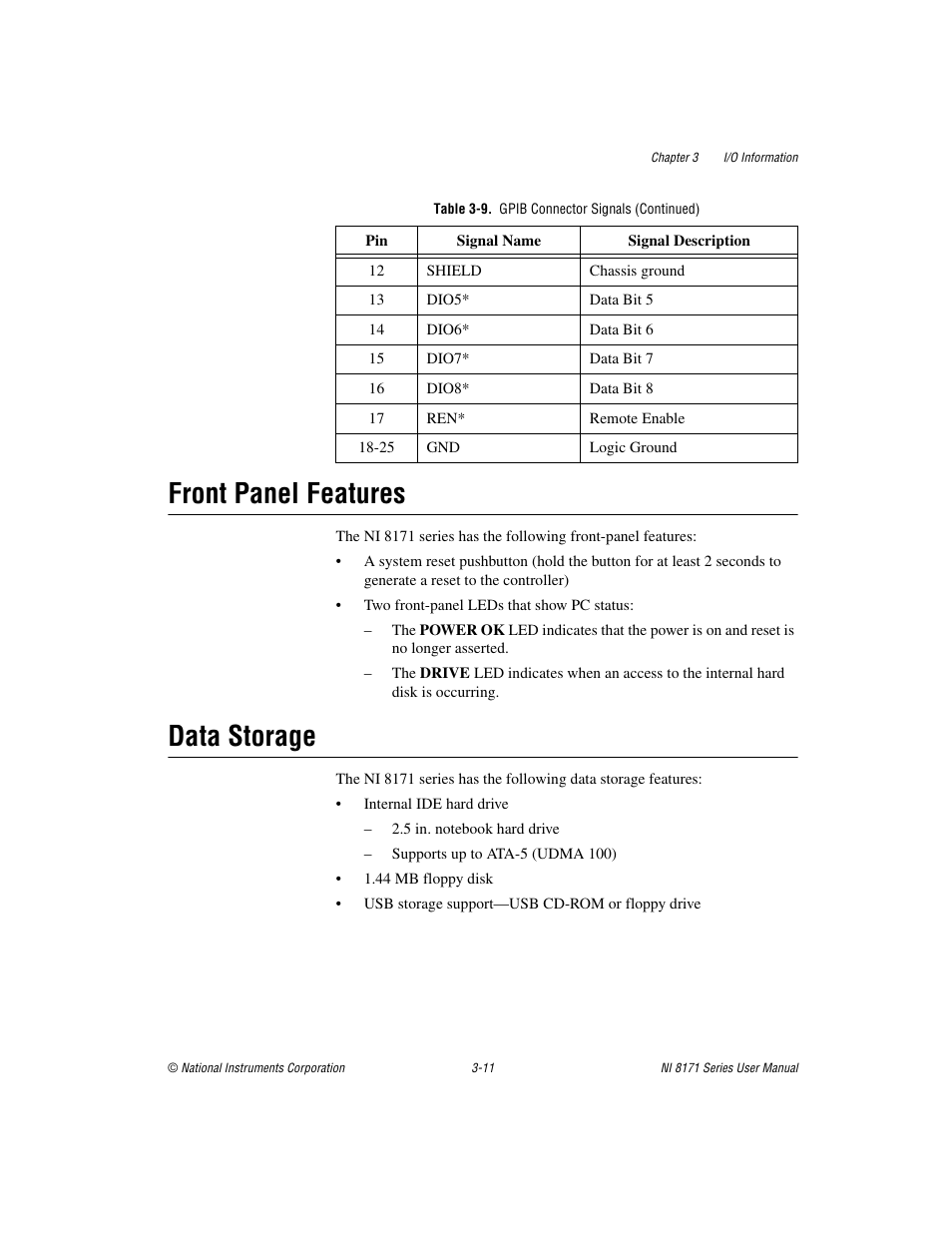 Front panel features, Data storage, Front panel features -11 data storage -11 | National Instruments PXI NI 8171 Series User Manual | Page 43 / 73