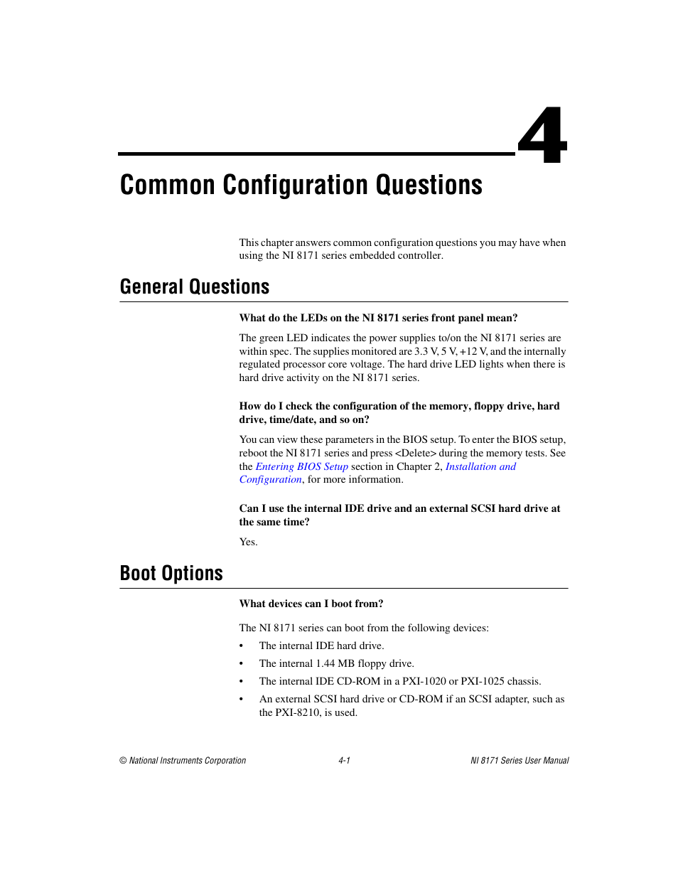 Chapter 4 common configuration questions, General questions, Boot options | General questions -1 boot options -1, Common, Configuration questions, Common configuration questions | National Instruments PXI NI 8171 Series User Manual | Page 45 / 73