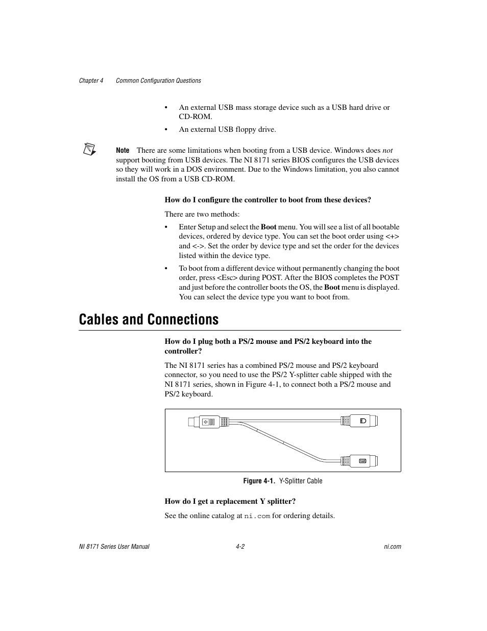 Cables and connections, Figure 4-1. y-splitter cable, Cables and connections -2 | Y-splitter cable | National Instruments PXI NI 8171 Series User Manual | Page 46 / 73