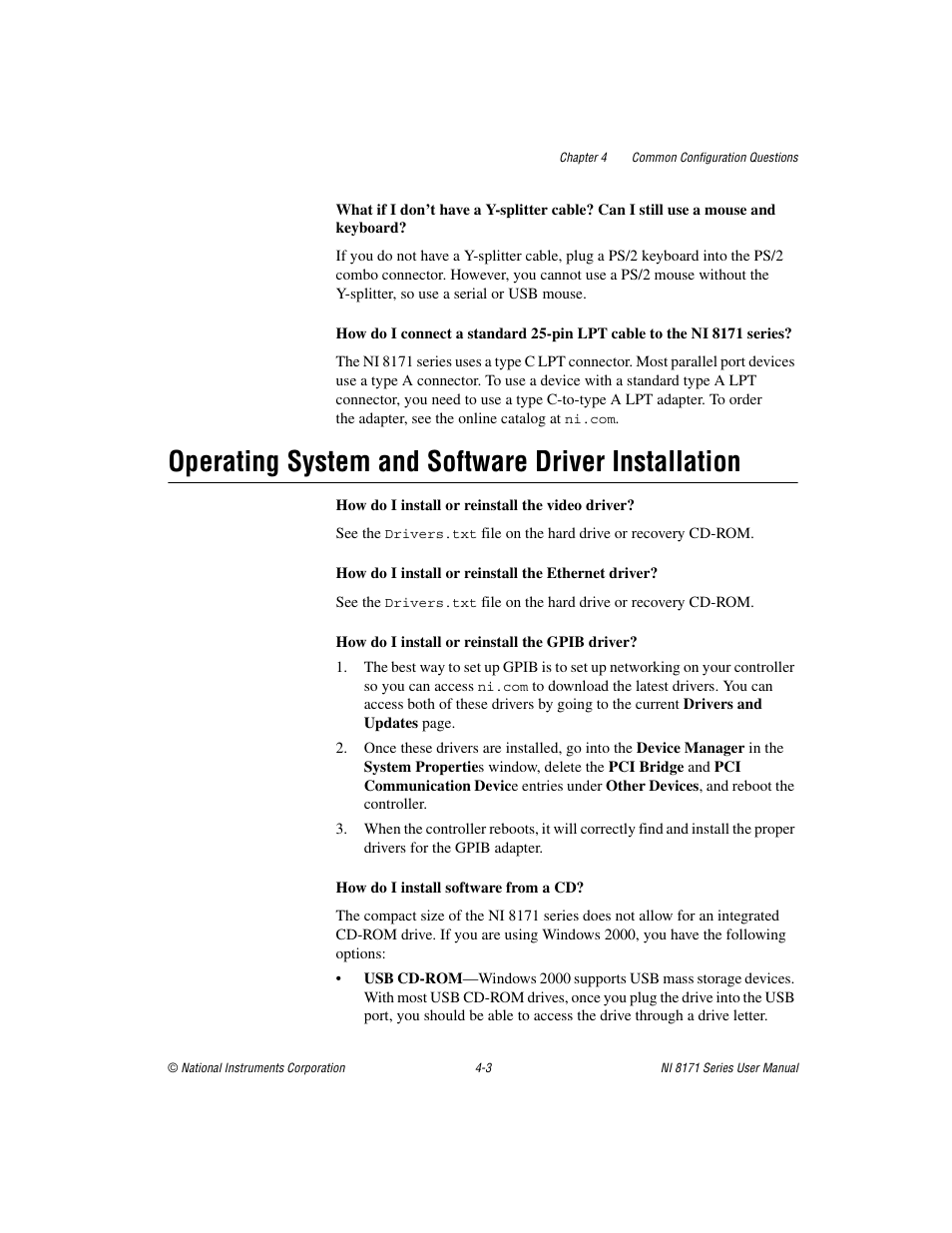 Operating system and software driver installation | National Instruments PXI NI 8171 Series User Manual | Page 47 / 73