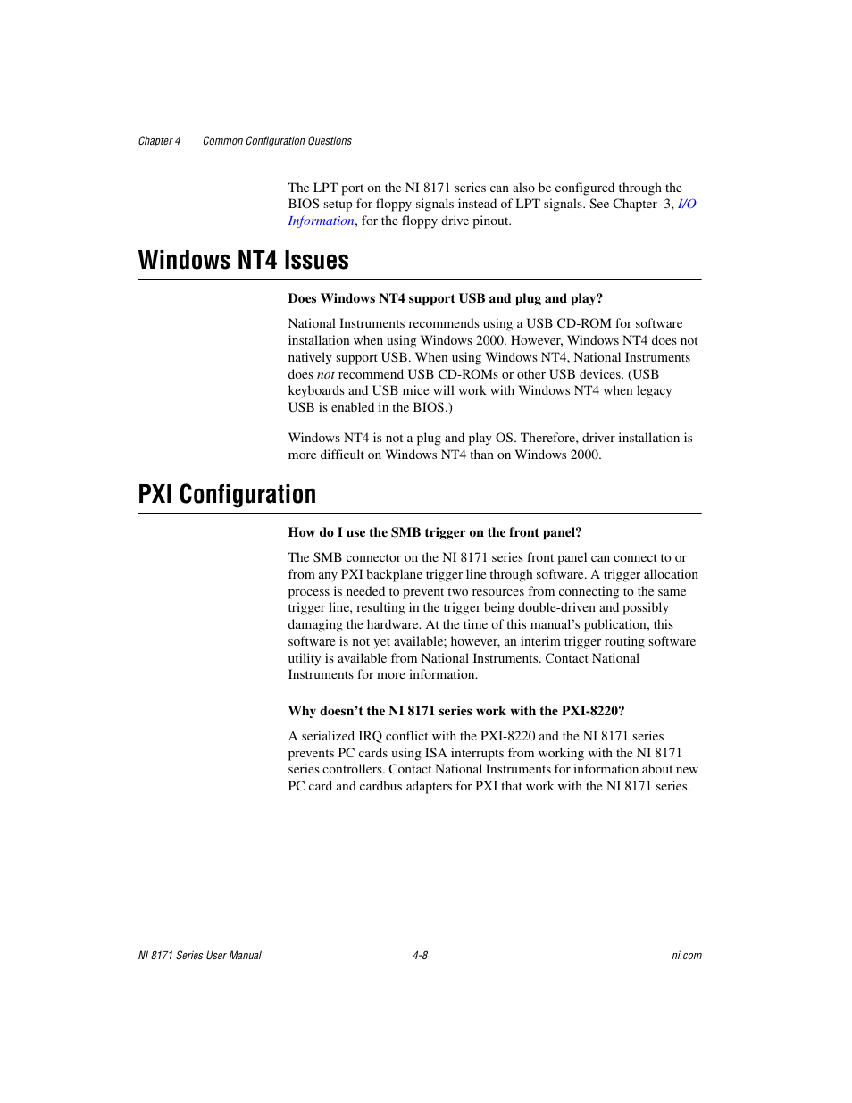 Windows nt4 issues, Pxi configuration, Windows nt4 issues -8 pxi configuration -8 | National Instruments PXI NI 8171 Series User Manual | Page 52 / 73