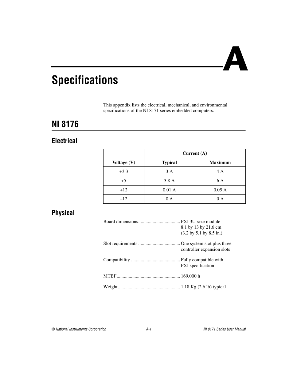 Appendix a specifications, Specifications, Ni 8176 | National Instruments PXI NI 8171 Series User Manual | Page 56 / 73