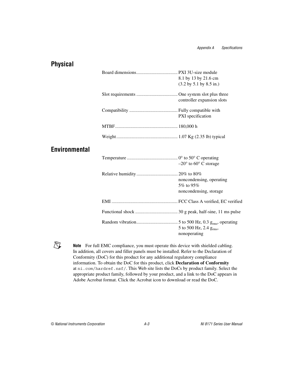 Physical, Environmental | National Instruments PXI NI 8171 Series User Manual | Page 58 / 73