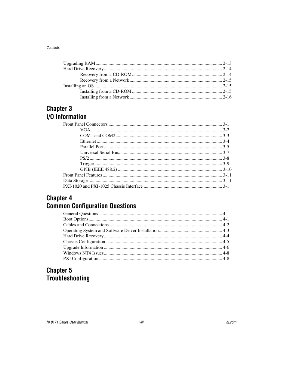 Chapter 3 i/o information, Chapter 4 common configuration questions, Chapter 5 troubleshooting | National Instruments PXI NI 8171 Series User Manual | Page 7 / 73