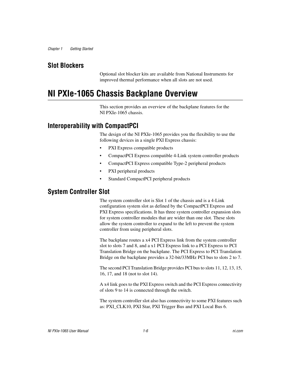 Slot blockers, Ni pxie-1065 chassis backplane overview, Interoperability with compactpci | System controller slot, Slot blockers -6, Ni pxie-1065 chassis backplane overview -6 | National Instruments PXI Express NI PXIe-1065 User Manual | Page 13 / 75