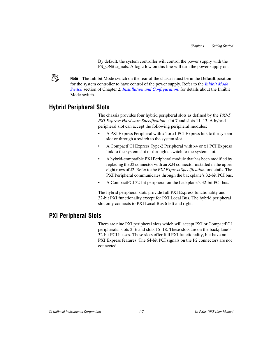 Hybrid peripheral slots, Pxi peripheral slots, Hybrid peripheral slots -7 pxi peripheral slots -7 | National Instruments PXI Express NI PXIe-1065 User Manual | Page 14 / 75